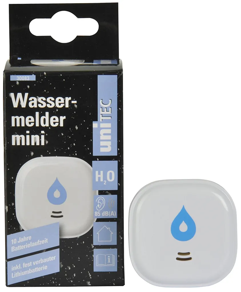 Détecteur d'eau uniTEC mini blanc avec signal sonore puissant de 85 dB