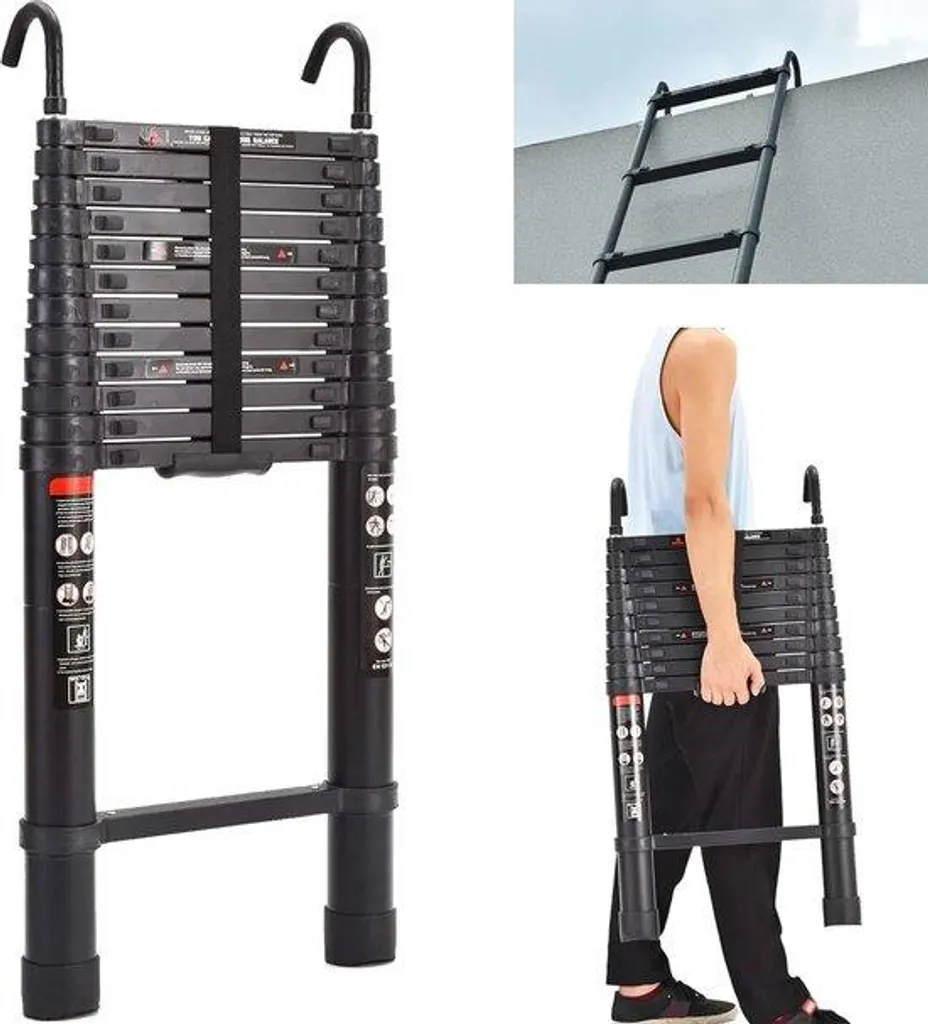 Échelle escamotable 5 mètres noire en aluminium avec des crochets