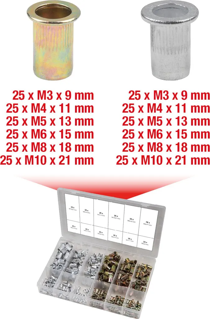 Assortiment Écrous à Sertir pour Métal et Carrosserie - 300 Pcs M3-M10