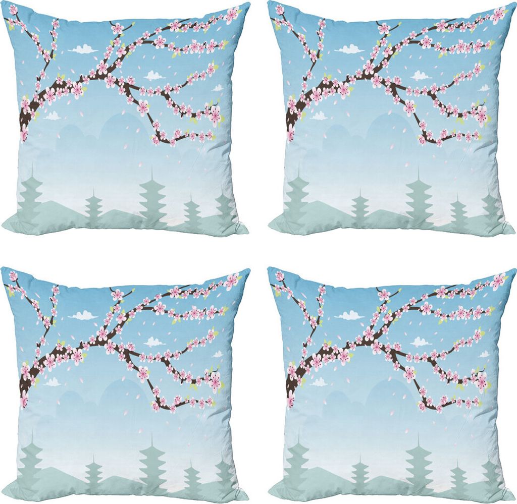 ABAKUHAUS Blumen-Landschaften Kissenbezug Set (4 Stück), blühende Zweige, Moderner Doppelseitiger Digitaldruck, 45 cm x 45 cm, Sky Blue Hellrosa