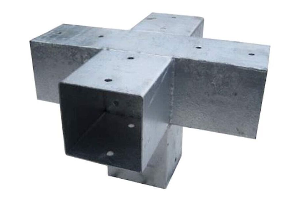 A galvanized steel corner connector for wooden beams, shaped like a T.