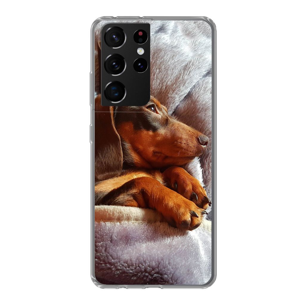 MuchoWow Handyhülle Schutzhülle Hülle für Samsung Galaxy S21 Ultra Niedlicher Dackel liegt unter der Bettdecke Silikon Softcase Handy Hülle ...