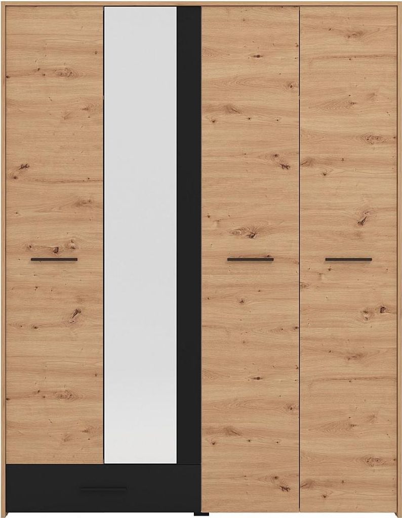 4-türiger Schrank mit 1 Schublade – Mit Spiegel – Breite: 158 cm – Farbe: Natur und Schwarz – NIPOVA