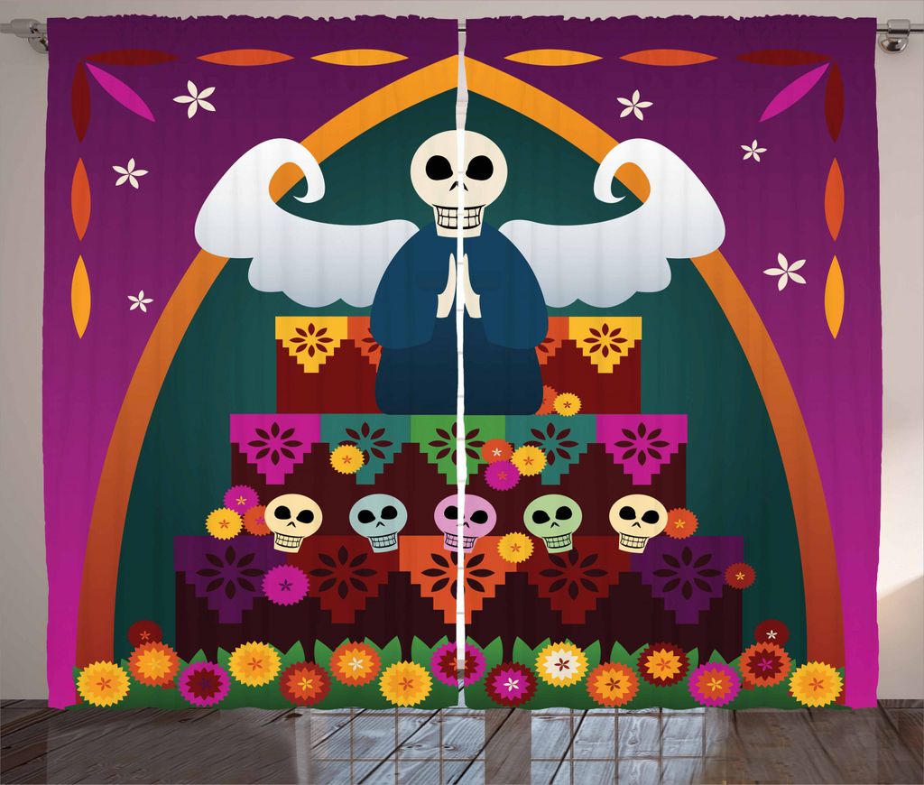ABAKUHAUS Zuckerschädel Rustikaler Vorhang, Engelsschädel-Altar, Wohnzimmer Universalband Gardinen mit Schlaufen und Haken, 280 x 225 cm, Mehrfarbig