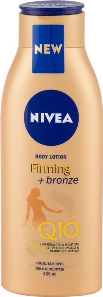 A NIVEA Q10 Bronzing Body Lotion bottle against a white background.