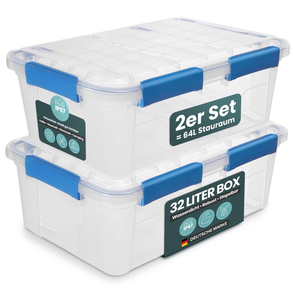 Kreher Aufbewahrungsbox 32 L mit Deckel - wasserdicht & staubdicht, transparent & stapelbar, BPA- & schadstofffrei, robuste Kunststoffbox (2 Stück)