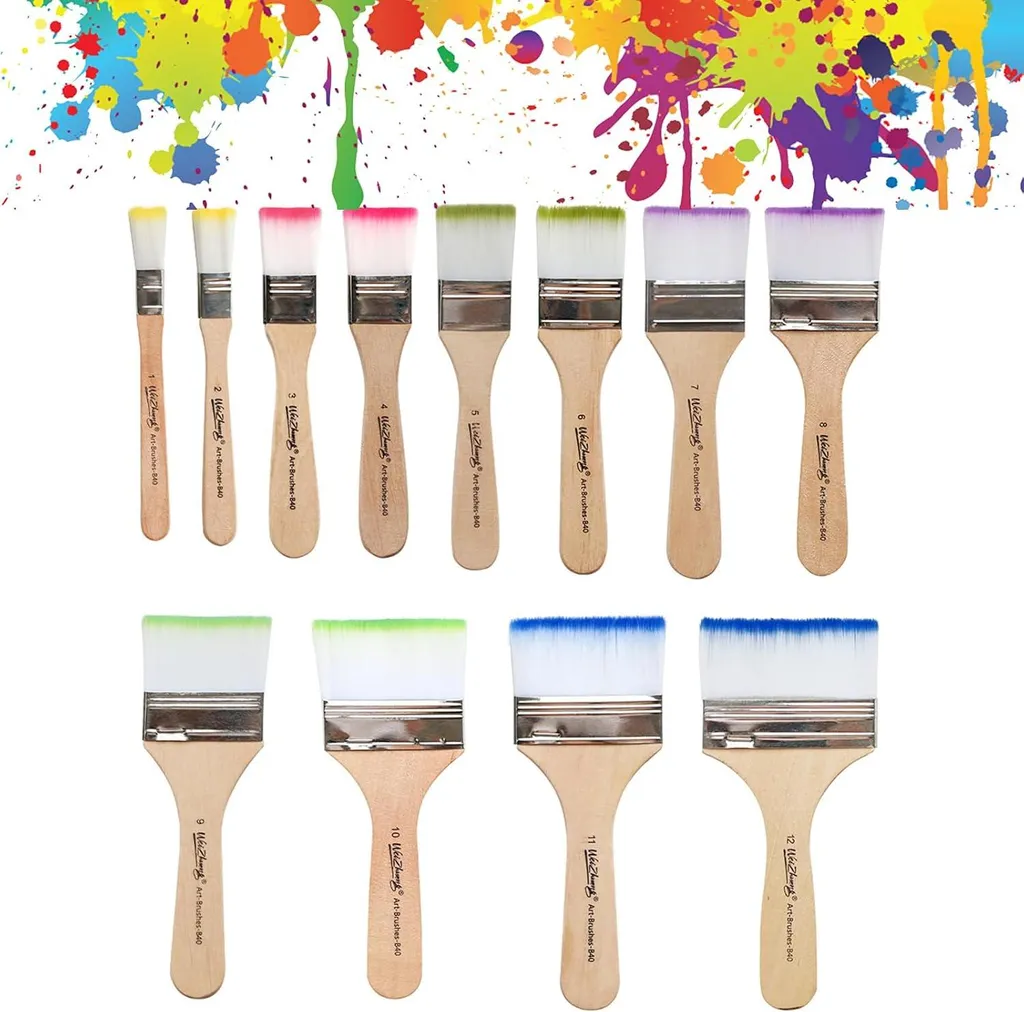 Set de 12 pinceaux plats larges pour peinture acrylique et aquarelle