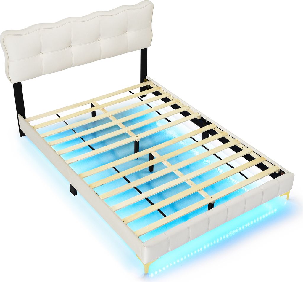 Polsterbett 140 x 200 cm(Ohne Matratze)Jugendbett Doppelbett Mit LED-Leuchten Mit Rückenlehne Mit Lattenrost hohe Metallfüße Samtstoff Beige