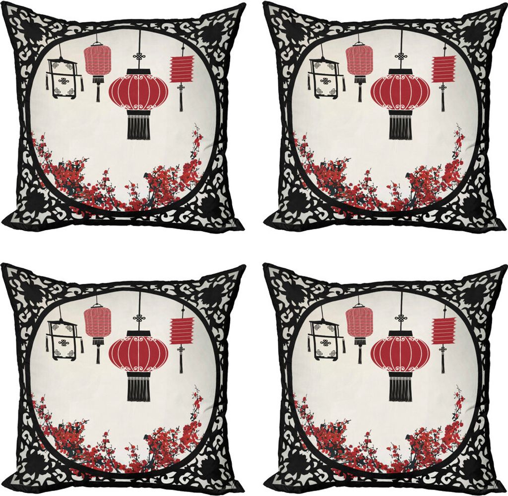 ABAKUHAUS Laterne Kissenbezug Set (4 Stück), Aufwändige Grafik, Moderner Doppelseitiger Digitaldruck, 40 cm x 40 cm, Red Beige Schwarz