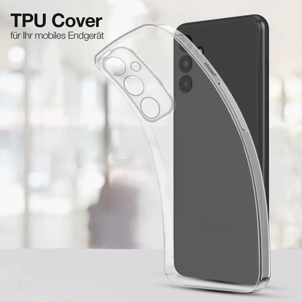 A clear TPU phone case is shown next to a dark smartphone.