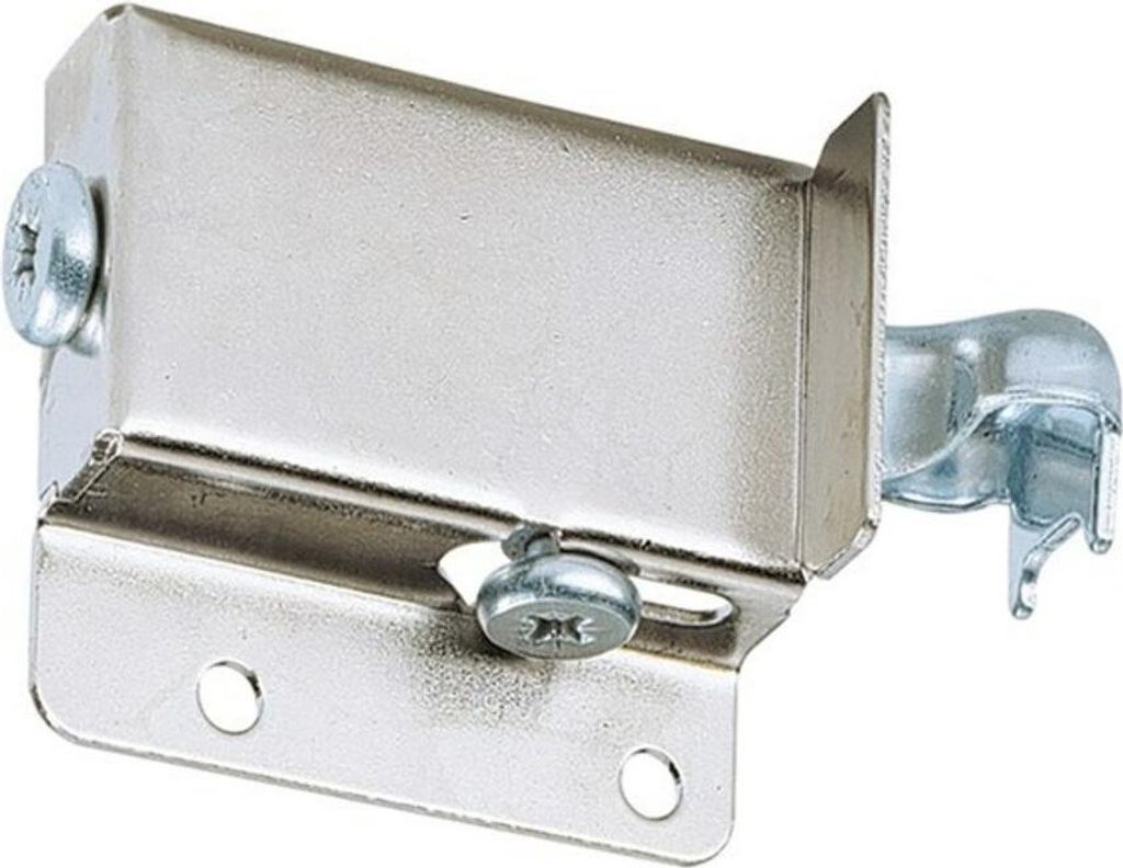 A close-up, studio shot of a metal cabinet hanger with screws.