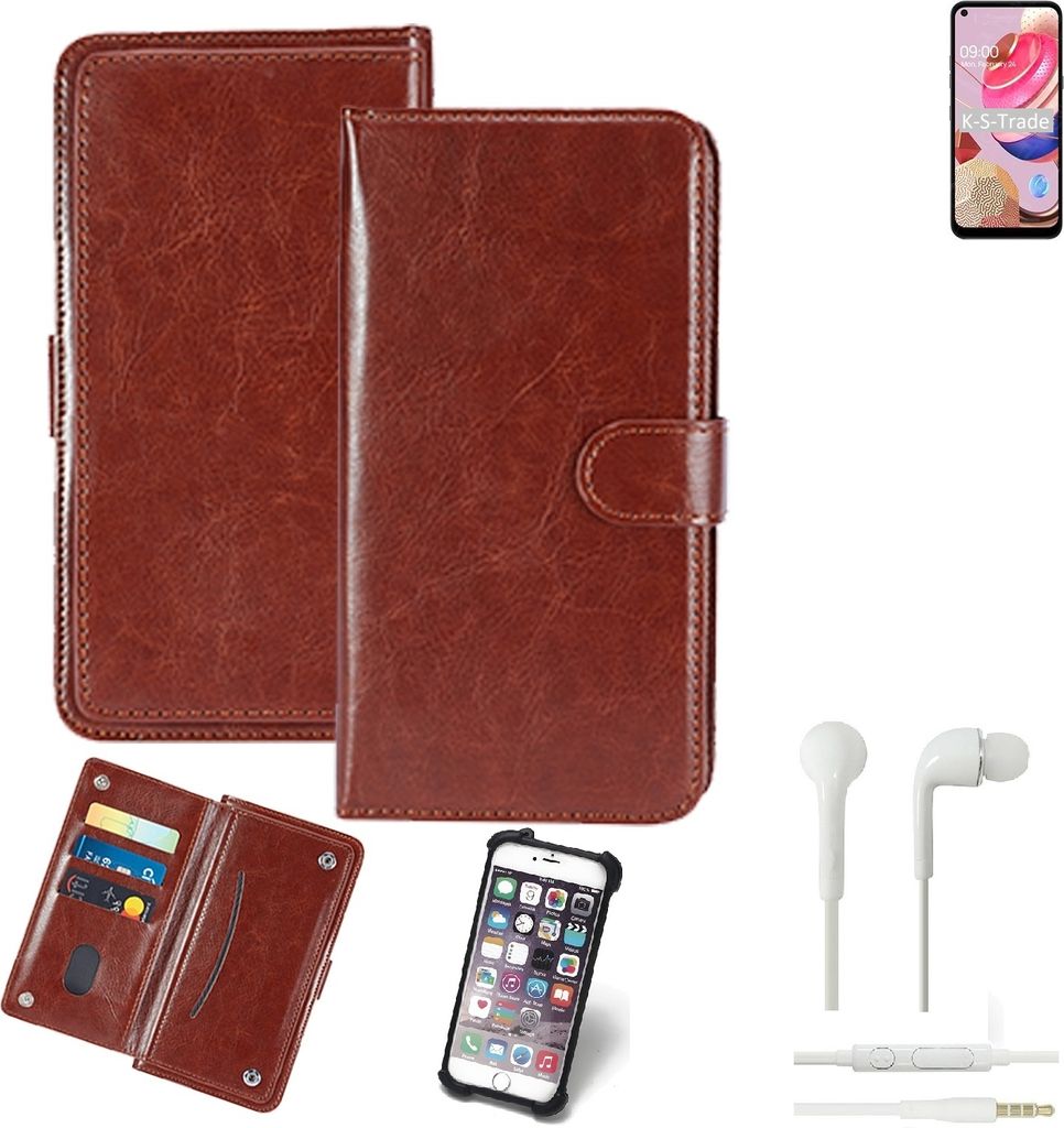 K-S-Trade 360° Hülle kompatibel mit LG Electronics K51S inkl. Headphones braun Kunstleder Case BookCase WalletCase Kunstlederederhülle Handyhülle,