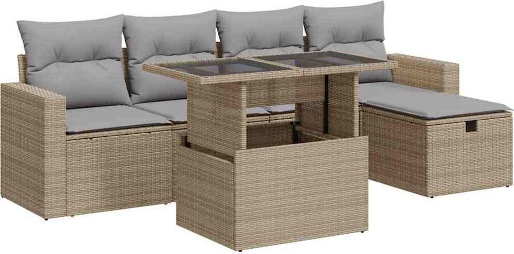 6-tlg. Garten-Sofagarnitur mit Kissen Beige Poly Rattan