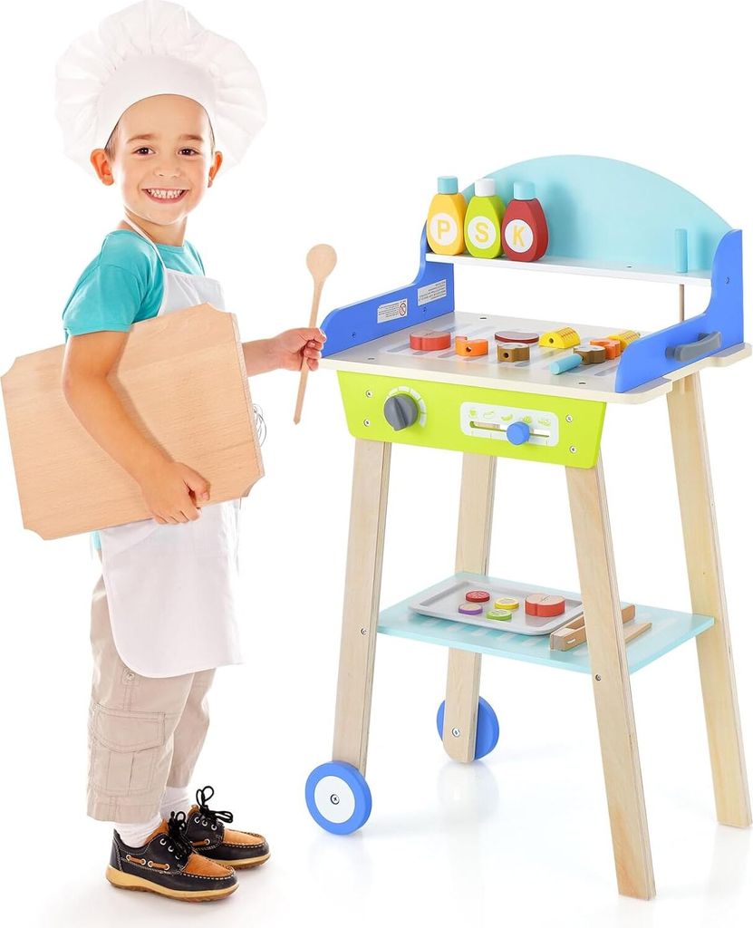 COSTWAY Spielzeug Grill Set, Kinder Spielküche BBQ mit Schiebegriff, Räder, Zubehören, Grill-Kochspielzeug aus Holz interaktiv für Jungen & Mä...