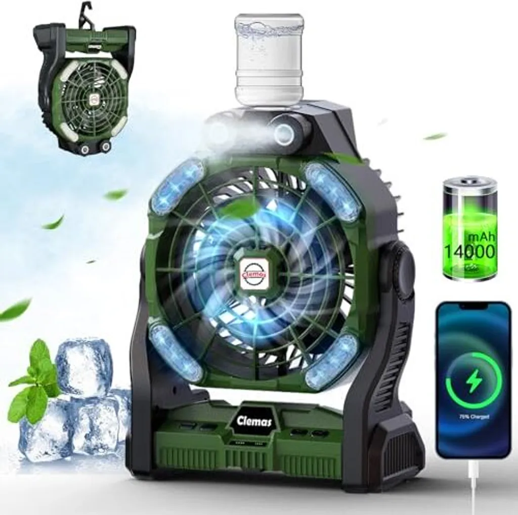 Clemas campeggio ventilatore nebbia ricaricabile durevole portatile alimentato a batteria tavolo d'acqua 14000mah 26000mah RGB luci timer alimentazione -