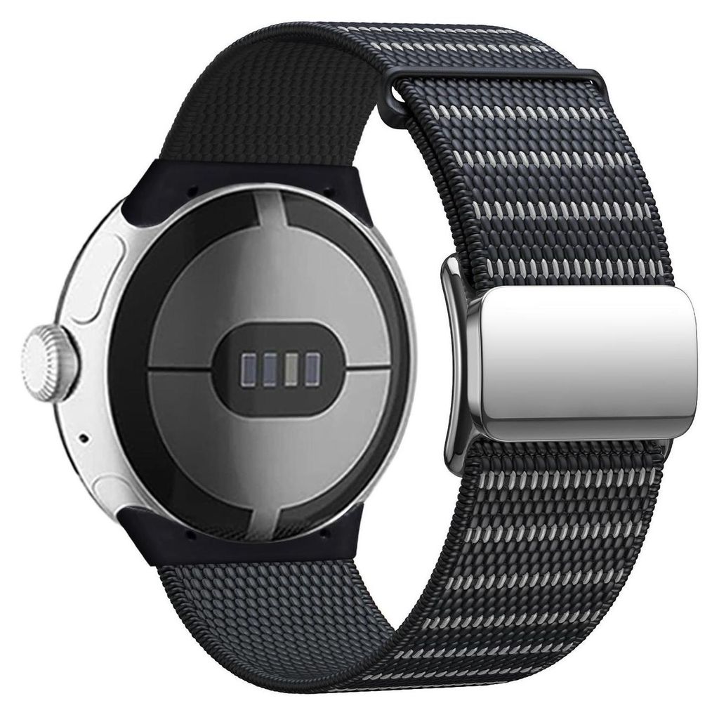 The back of a smartwatch with a nylon band.