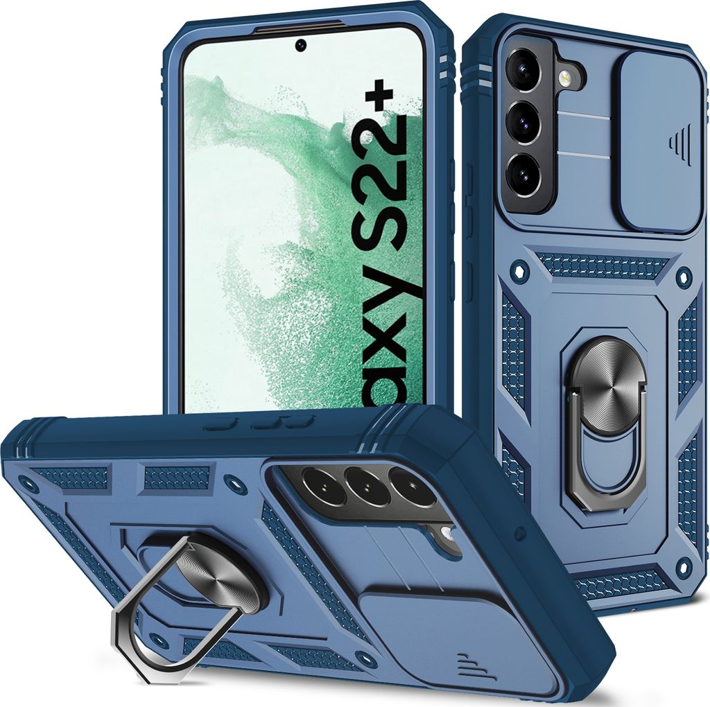 Galaxy S22 Plus 5G Hülle, Schiebe Kamera Schutz Robust Rüstung Stoßfest Schutzhülle mit Ringhalterung Ständer Kartenhalter für Samsung Galaxy...