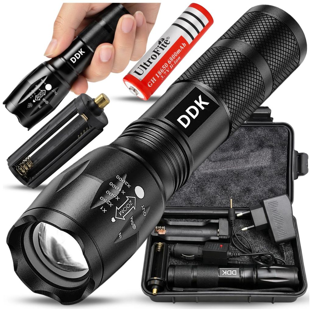 Starke Taschenlampe, Reichweite 800 m, LED mit Zoom, militärisch, wasserdicht, akkubetrieben
