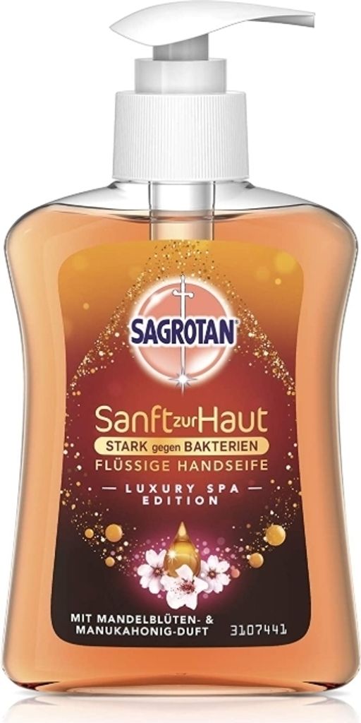 Sagrotan, Antibakterielle Flüssigseife, Mandelblüte und Produktbild 