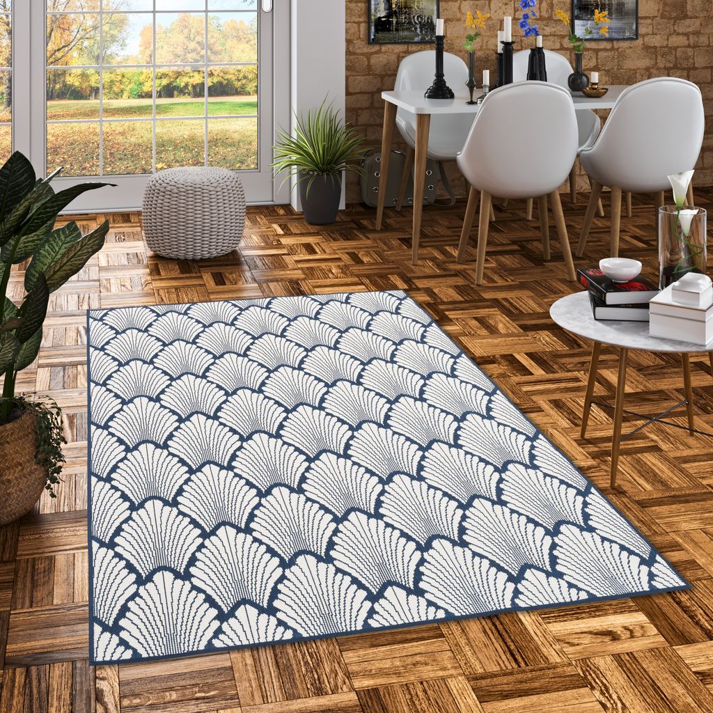 In- und Outdoor Teppich Beidseitig Cape Cod Modern Blau Creme, Größe:120x160 cm