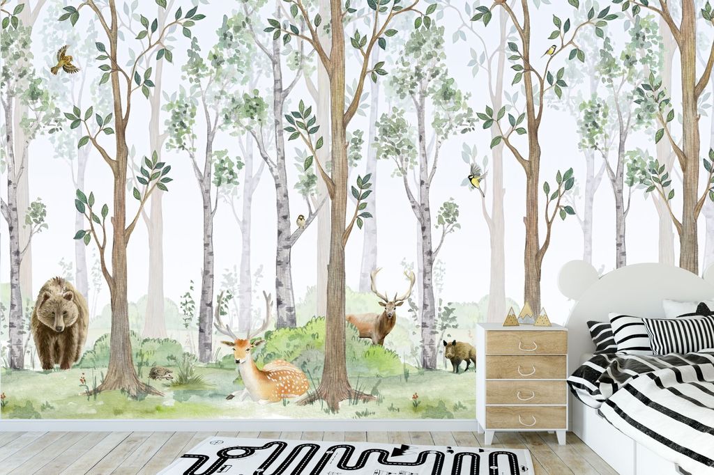 Deco-Wall | Viles Fototapete- Kinderzimmer | Waldtiere im Wald | 200x135 cm | Wandtapete | Wandsticker für Kinder