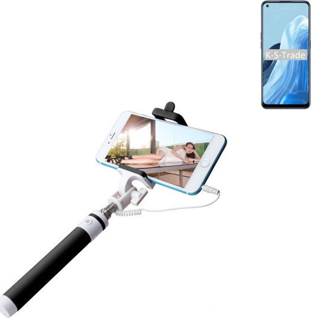 K-S-Trade Selfie Stick kompatibel mit Oppo Find X5 Lite Selfiestick kabelgebunden Monopod mit Kabel Stab Stange Selfportrait Handheldstick schwarz 1x