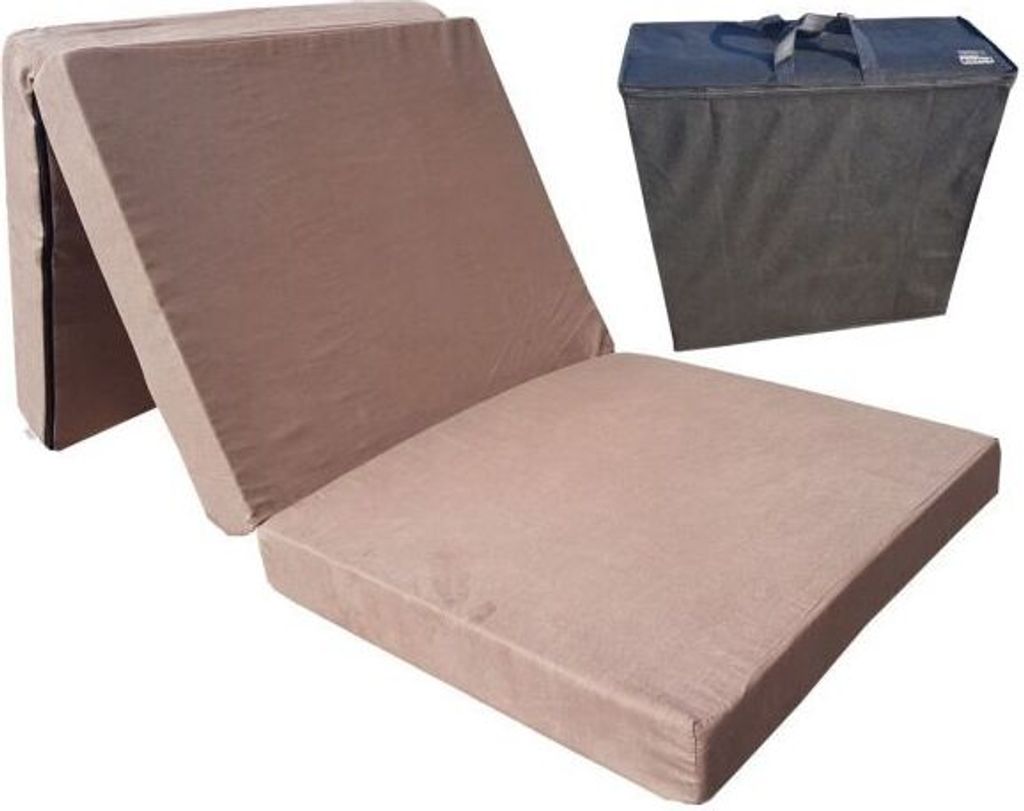 A folded mattress and a storage bag.