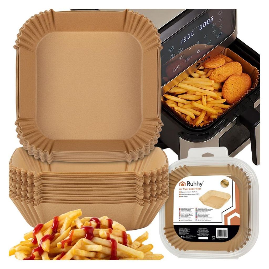 A collage showing paper liners for an air fryer, a stack of liners, and an air fryer with french fries and chicken nuggets inside.