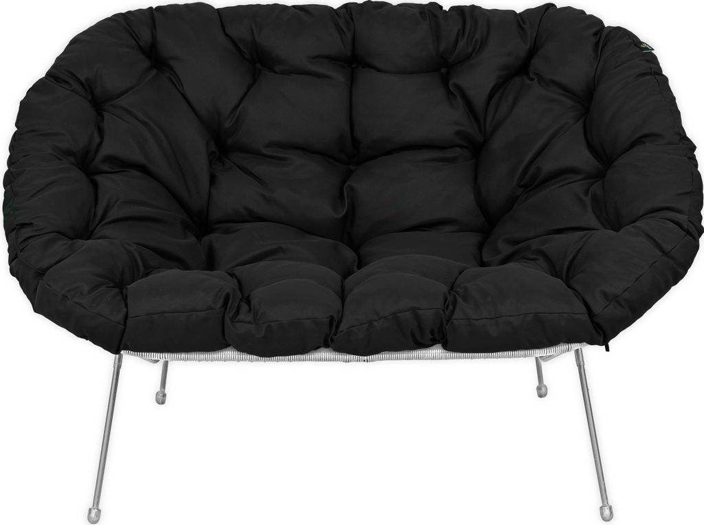 A black cushion chair with silver legs on a white background.
