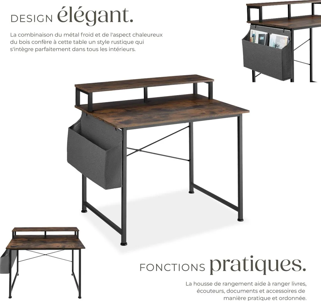 Bureau informatique avec rangement et poche latérale 120 cm bois rustique
