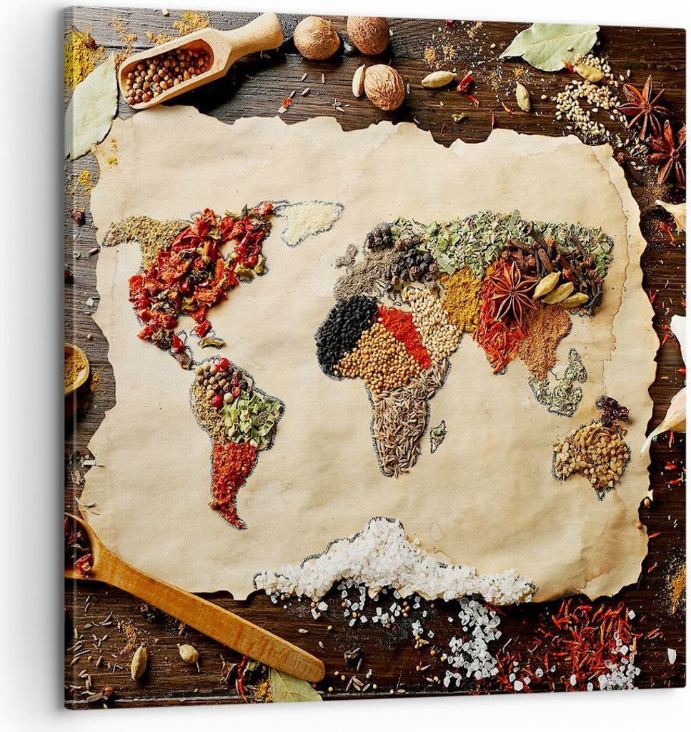 Bild auf Leinwand - Leinwandbild - Welt Karte Gewürze Farben - 60x60cm - Wand Bild - Wanddeko - Leinwanddruck - Bilder - Kunstdruck - Wanddekorati...