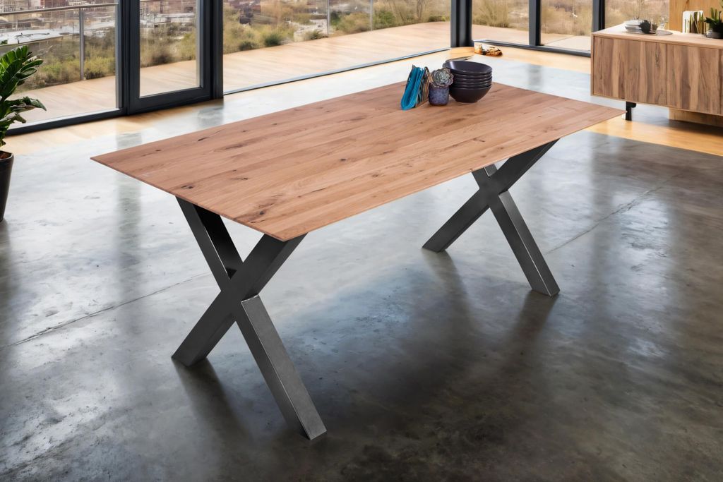 Esstisch 200 x 100 cm Lotte, Eichenholz massiv & geölt, Esszimmertisch mit Schweizer Kante/gerade Ecken, X-Gestell aus Metall Schwarz, pflegeleich...