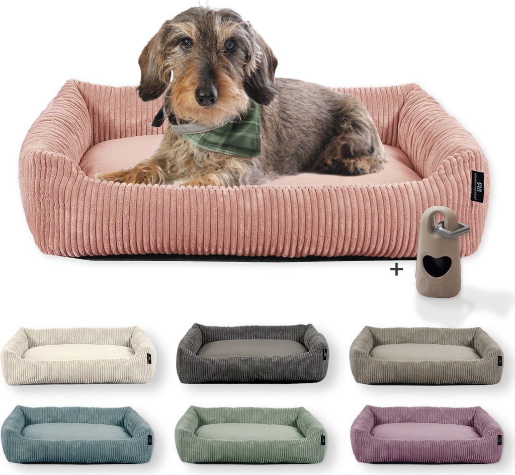 Rohrschneider Hundebett waschbar für kleine und mittelgroße Hunde mit Hundekissen Cord inkl. Gassibeutel, Farbe:powder rosa, Muster:Cordstoff breit