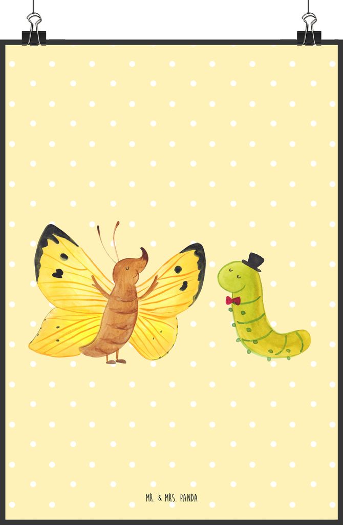 Mr. & Mrs. Panda Bild Raupe Schmetterling DIN A1 - Gelb Pastell - Geschenk, Hütchen, Zitronenfalter, wanddeko, Wanddekoration, Kokon, drucke, Wand...
