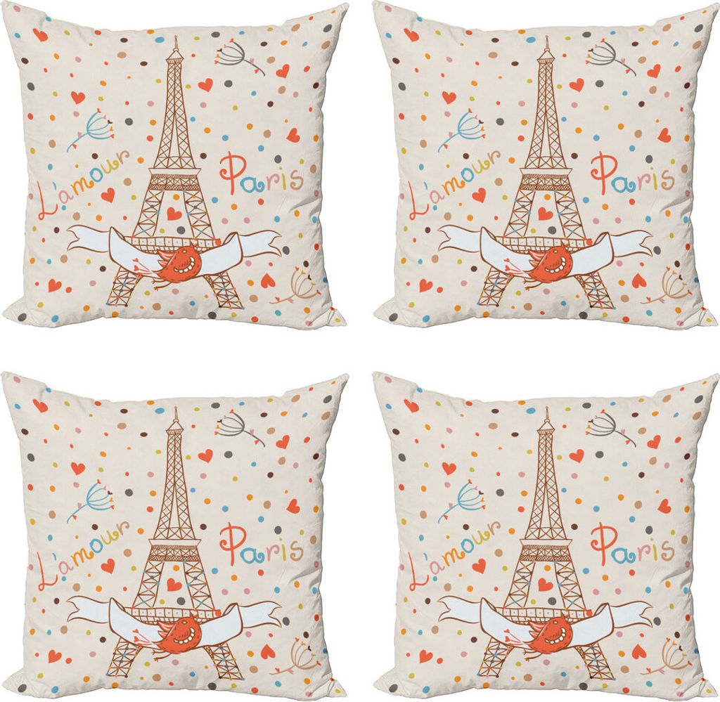 ABAKUHAUS Flitterwochen Kissenbezug Set (4 Stück), Eiffel-Liebe-Vögel, Moderner Doppelseitiger Digitaldruck, 50 cm x 50 cm, Mehrfarbig