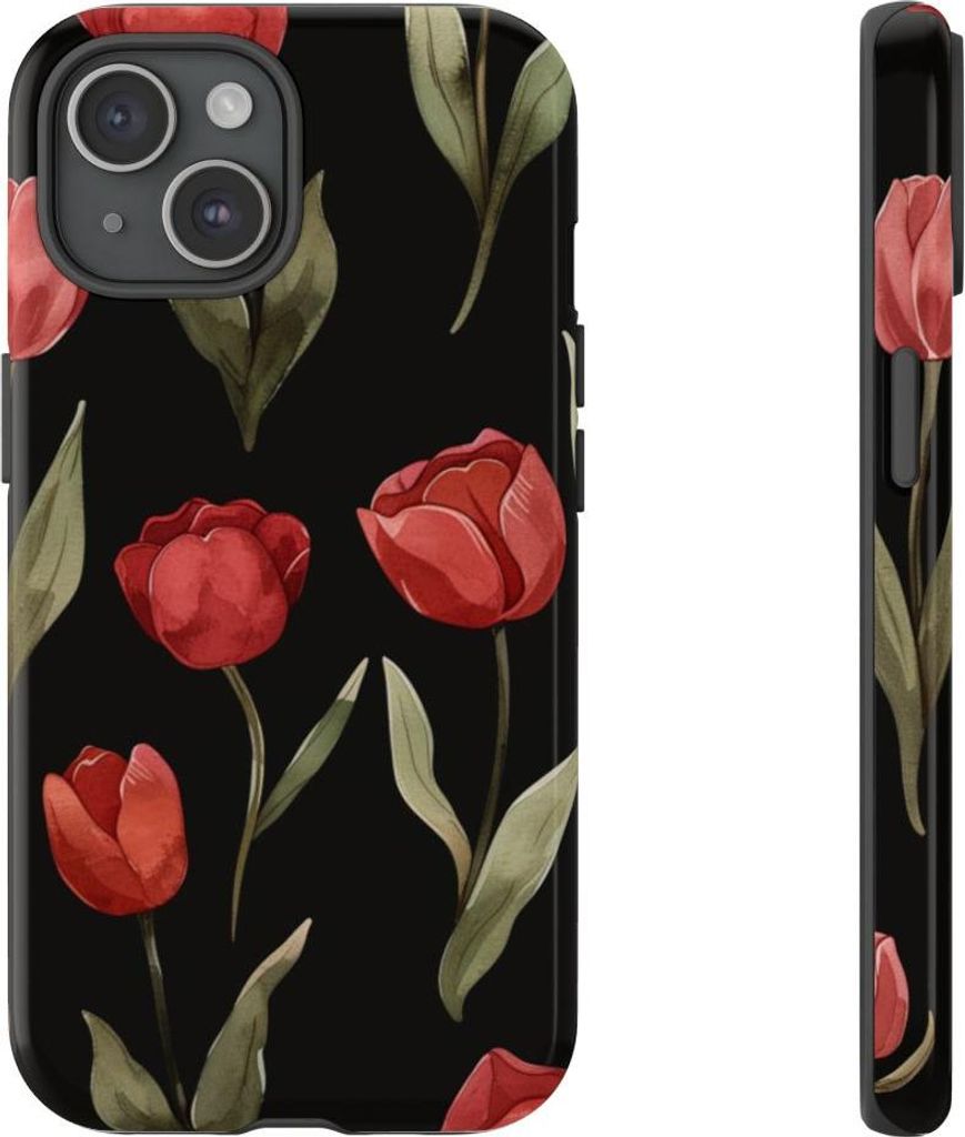 Rote Tulpen auf schwarzem Hintergrund – Hülle Kompatibel mit iPhone 15