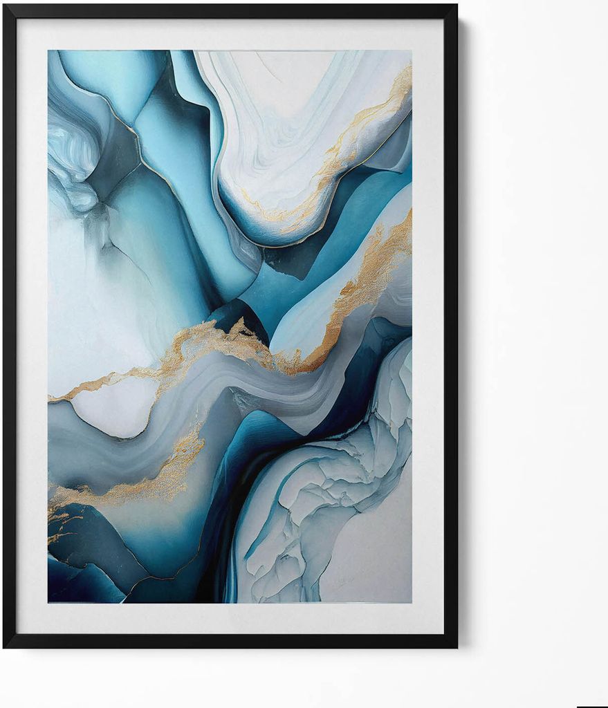 Flüssige Marmortextur mit Gold– Wandbild mit Rahmen – Gerahmtes Bild – Wanddekoration – 70x100 cm – Schwarz Rahmen
