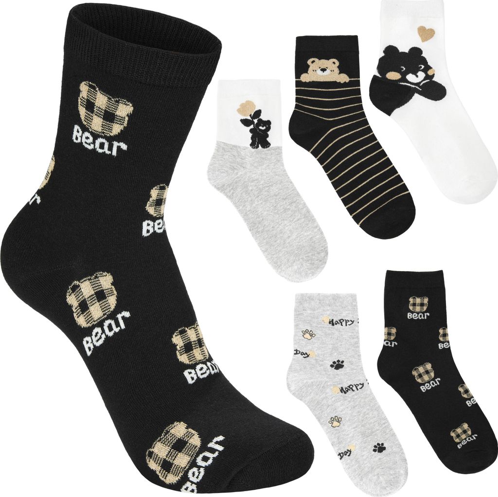 BRUBAKER 5 Paar Damen Socken 36-41 – Happy Bear – Weiche Teddy Kuschelsocken – Schwarz Grau Weiß Glitzer