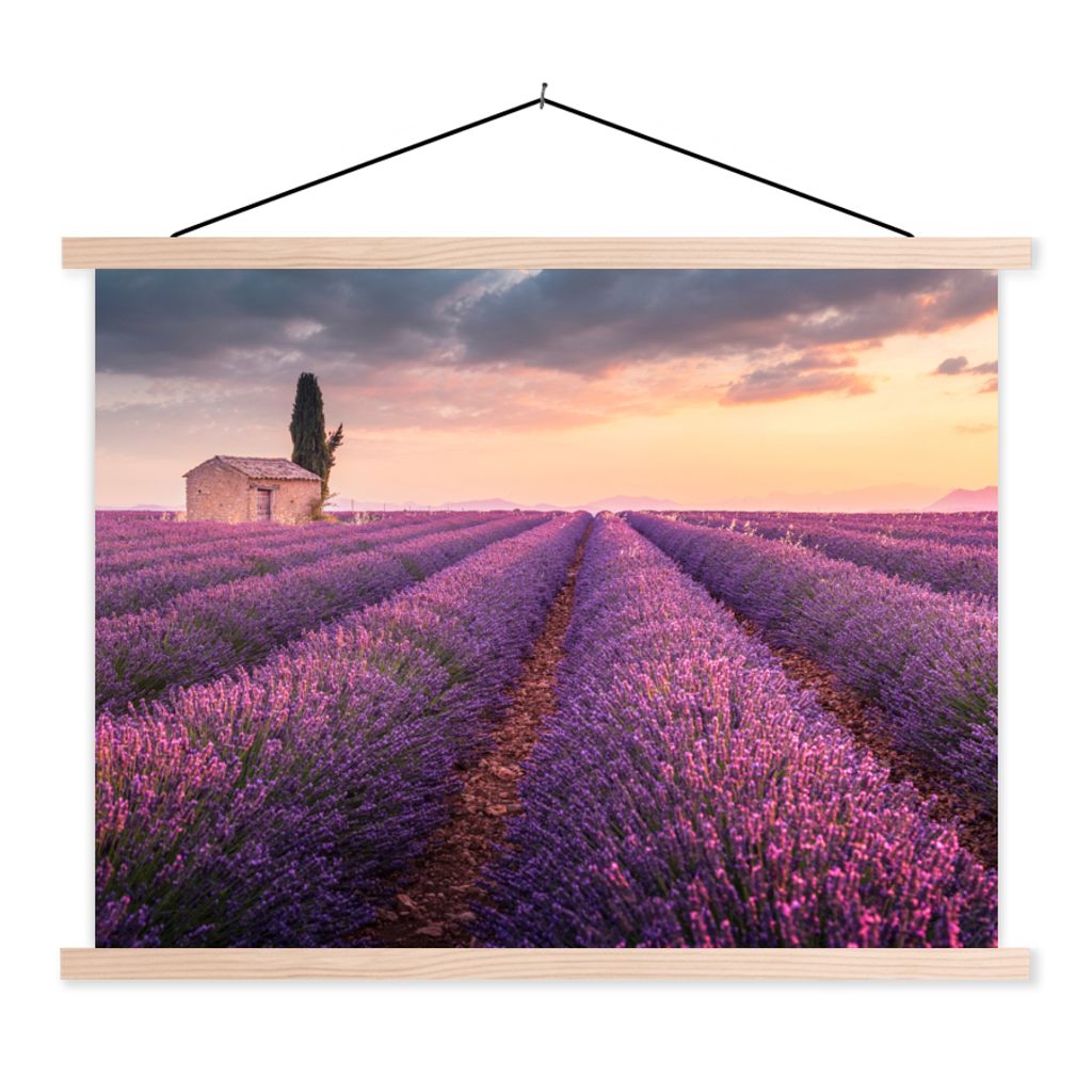 MuchoWow Textilposter Lavendel - Blumen - Lila - Feld 120x90 cm mit holzfarbenen Rahmen - Magnetisch