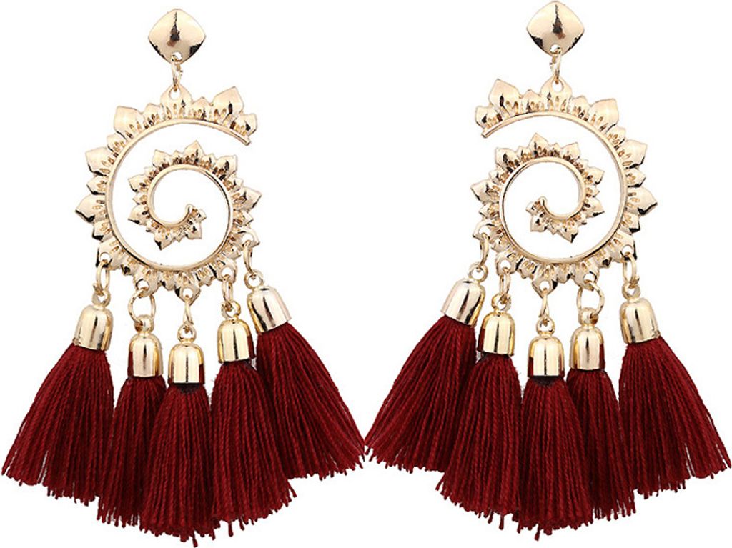 Böhmische Frauen-Spiral-Anhänger-Faden-Quasten-baumelnde Tropfen-Ohrringe Schmuck-Geschenk-Weinrot