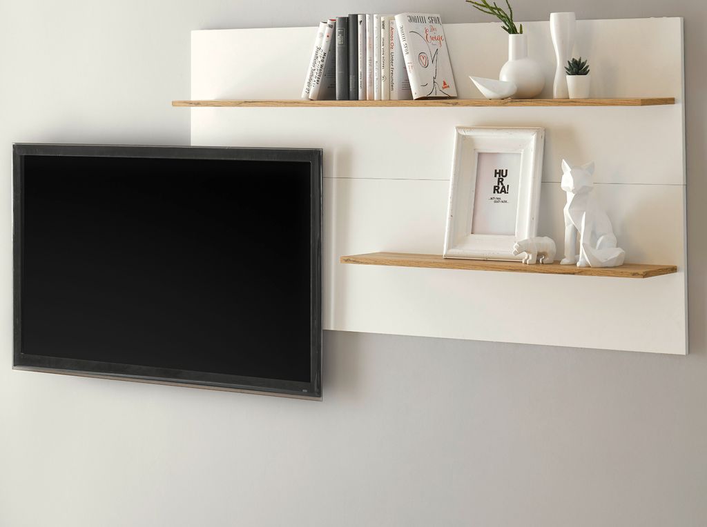 Wandpaneel "Center" in weiß und Wotan Eiche, Wandregal mit Ablagen 155 x 80 cm
