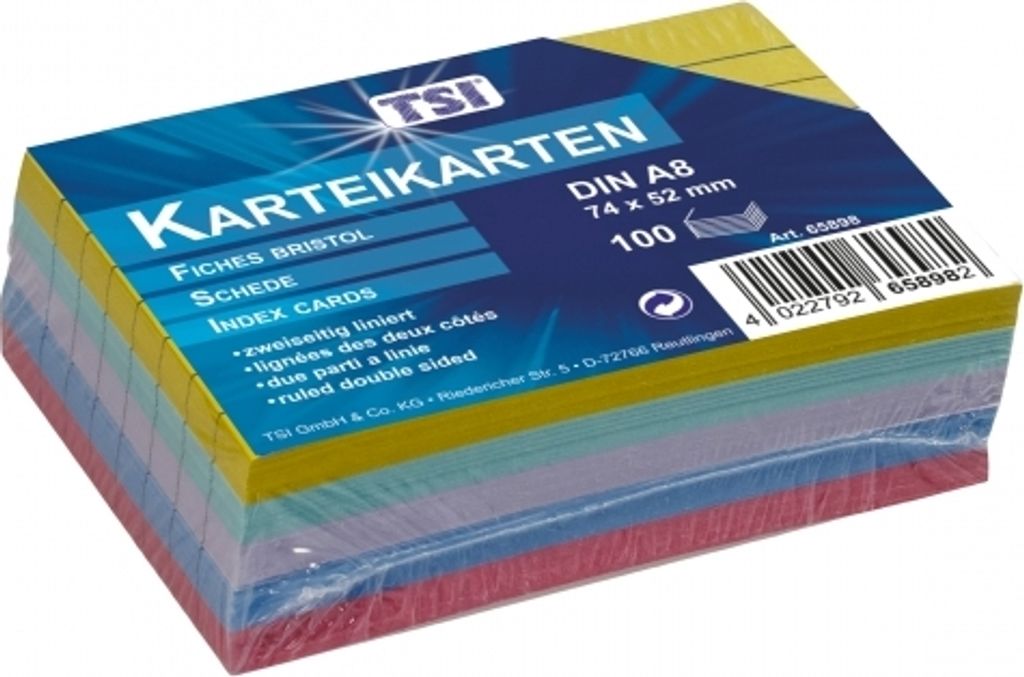 TSI Karteikarten A8, 100 Stk. 5 Farben. liniert Produktbild 
