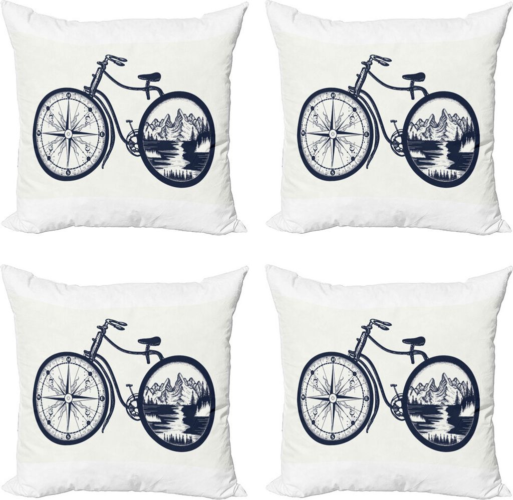 ABAKUHAUS Reise Kissenbezug Set (4 Stück), Kompass und Landschaft Räder, Moderner Doppelseitiger Digitaldruck, 40 cm x 40 cm, Violet Blue Off White