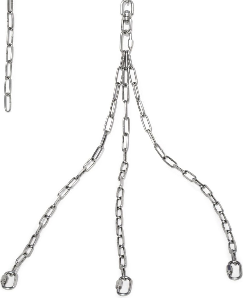 A set of metal chains hanging against a white background.