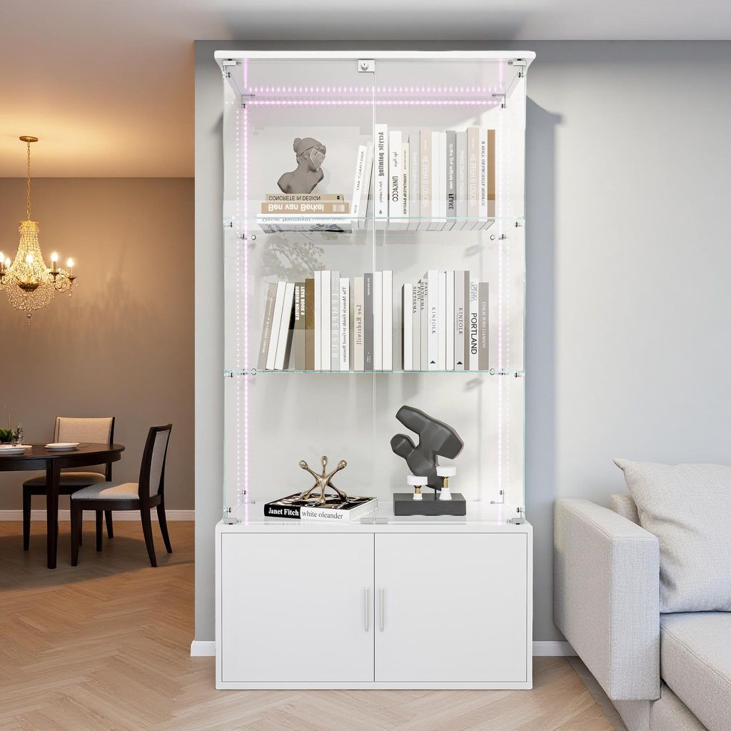 ProximaX Weißer Glas-Vitrinen-Schrank mit 3 beleuchteten Ebenen & LED-Einbauleuchten, Moderner Ausstellungs- und Aufbewahrungsschrank für Sammlungen