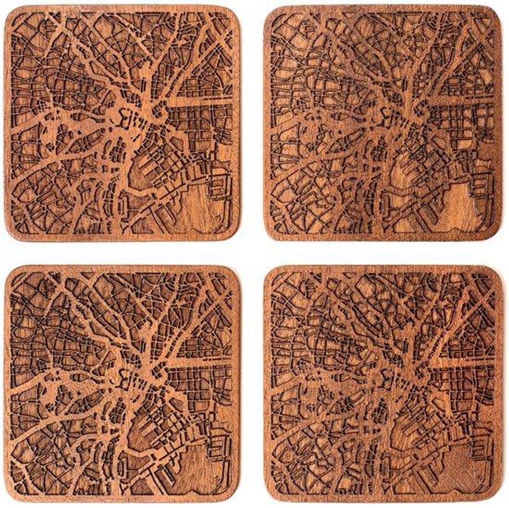 Tokio onderzetters met kaart van Sapele hout, 4 stuks, met stadskaart, meerdere steden optioneel, handgemaakt