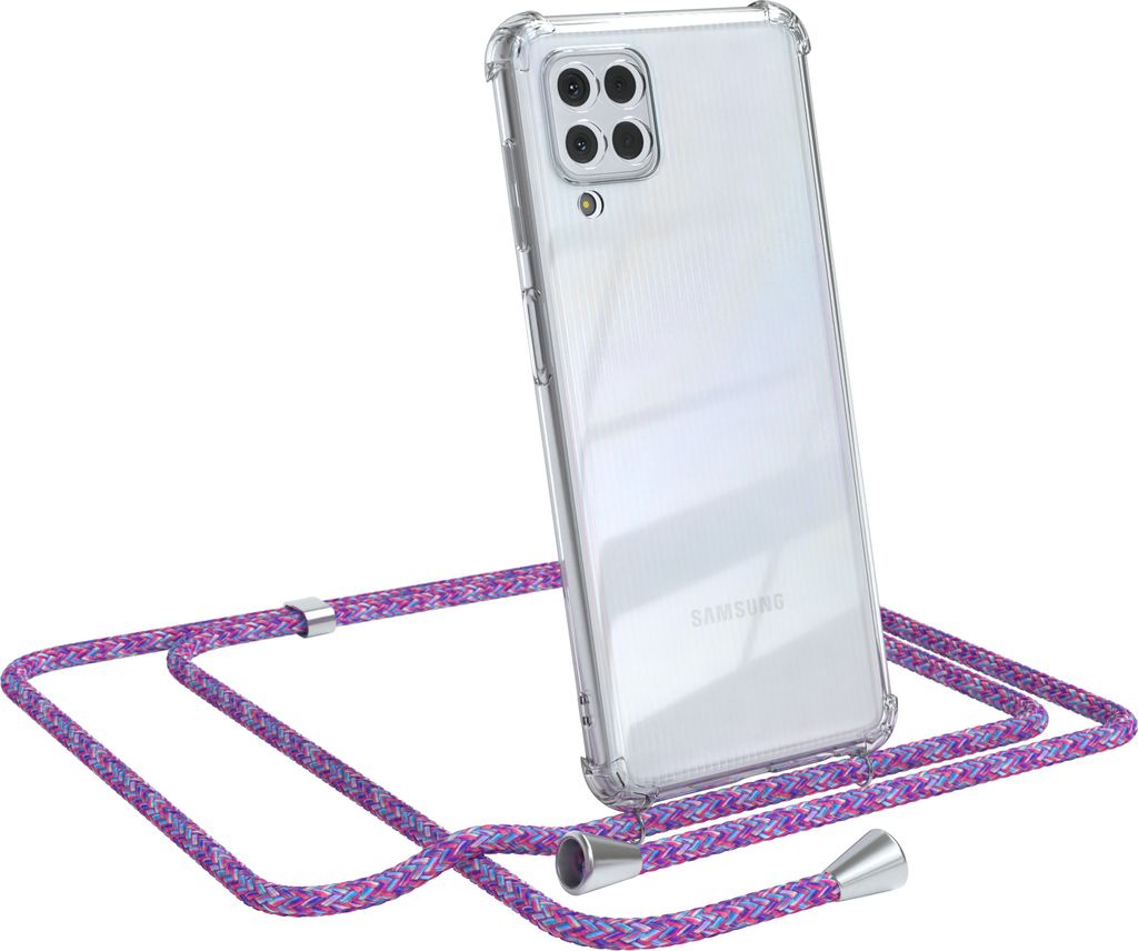 EAZY CASE Handykette kompatibel mit Samsung Galaxy M22 / M32 / A22 4G, Handyhülle mit Umhängeband, Handykordel, Schutzhülle Clear, Band in Bunt