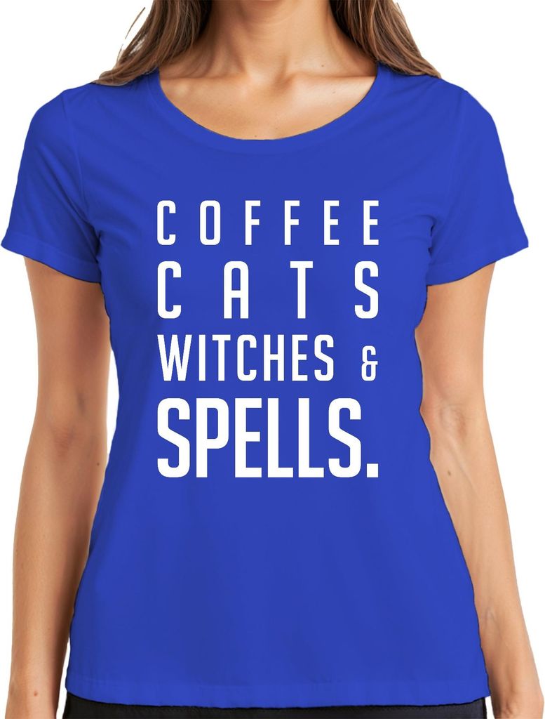 COFFEE CATS WITCHES & SPELLS. Kaffeeliebhaber Katzenfan Halloween Damen T-Shirt, Blau, XXL