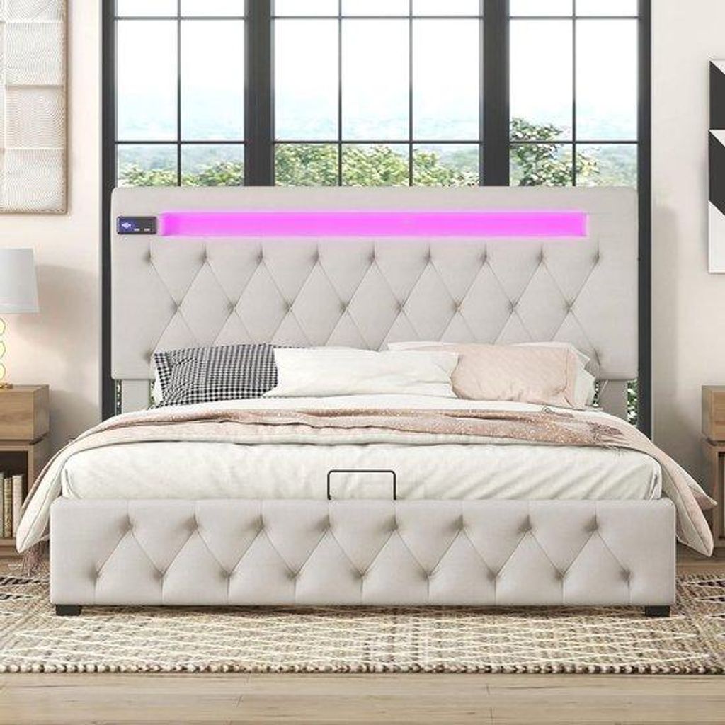 Doppelbett 140x200 mit USB-Anschluss, LED-Beleuchtung und Aufbewahrung