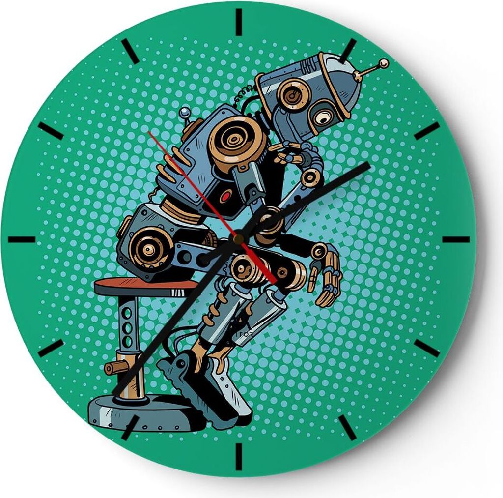 Wanduhr - Rund - Glasuhr - Roboter Illustration Karikatur Comic - 30x30cm - Schleichendes Uhrwerk - Lautlos - zum Aufhängen bereit - Dekoration Mo...